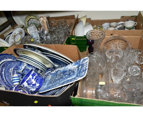 SIX BOXES OF CERAMICS AND CUT CRYSTAL, to include two decanters, celery vase, three cut crystal glasses by Harbridge of Stour