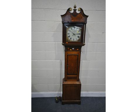 A GEORGE III MAHOGANY AND CROSSBANDED 30 HOUR LONGCASE CLOCK, the hood with a swan neck pediment and brass finial, the square