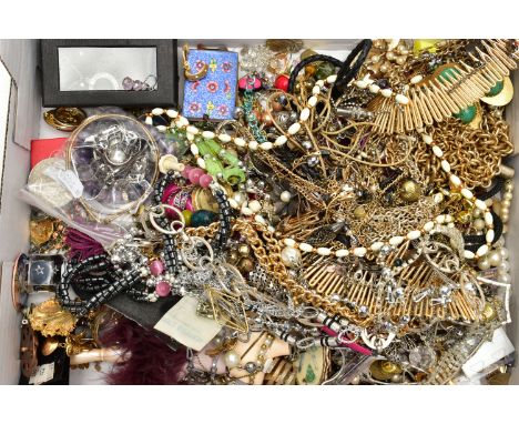 A BOX OF ASSORTED COSTUME JEWELLERY, to include a large white metal statement ring set with a light blue paste, stamped 'Ster