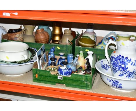 FOUR BOXES OF CERAMICS, to include a blue and white Victorian Albion Pottery 'Duchess' pattern wash jug and bowl, a Beswick '