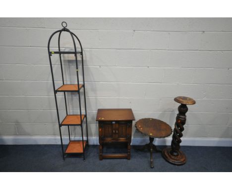 AN METAL SQUARE FOUR TIER STAND, with orange tile inserts, 31cm squared x height 179cm, an oak two door cabinet, a wavy edge 