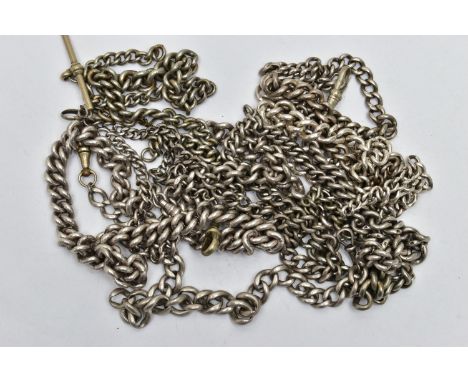 TEN SILVER ALBERT CHAINS, all graduated curb link chains, with sterling marks to each link, one fitted with a silver mounted 