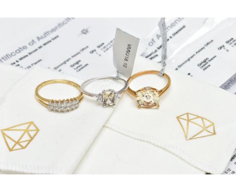 THREE GEM SET RINGS, to include a yellow metal diamond ring, set with two rows of brilliant cut diamonds, hallmarked 9ct Birm