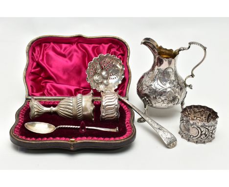 A SMALL PARCEL OF 18TH, 19TH AND 20TH CENTURY SILVER, comprising a Victorian cream jug of baluster form with foliate repousse