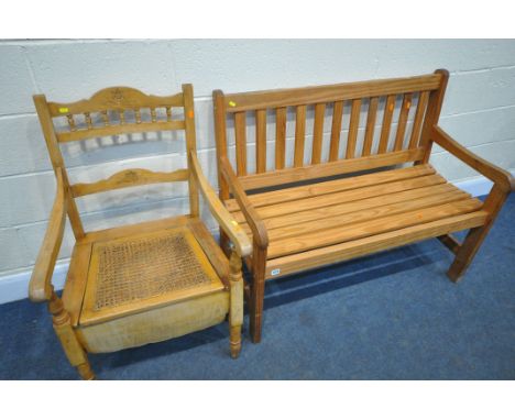 A MODERN PINE SLATTED BENCH, length 110cm, and an Edwardian satinwood commode armchair (2)