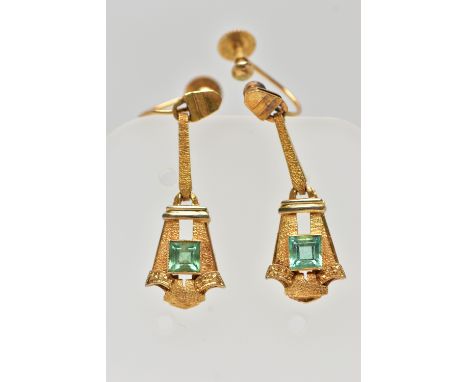 A PAIR OF EARLY 20TH CENTURY EMERALD DROP EARRINGS, each of a tapered Art Deco design set to the centre with a square cut eme