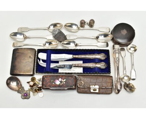 A PARCEL OF 19TH AND 20TH CENTURY SILVER AND WHITE METAL, comprising a set of four Victorian fiddle pattern teaspoons, engrav