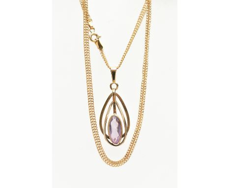 A 9CT YELLOW GOLD, AMETHYST PENDANT NECKLACE, the pendant of an openwork drop design, set to the centre with an oval cut amet