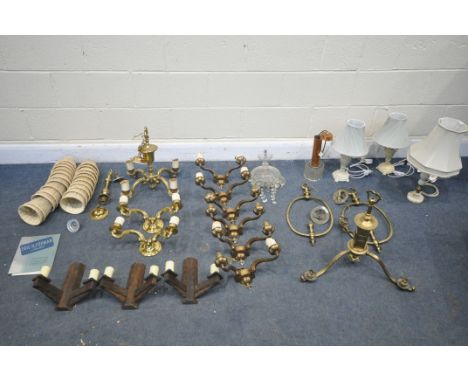 A SELECTION OF LIGHTING, to include an Arts and Crafts brass triple branch ceiling light, two oval shaped ceiling lights (mis