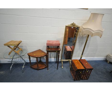 A SELECTION OF OCCASIONAL FURNITURE, to include a cheval mirror, a wall hanging bevelled edge wall mirror, a tall mahogany oc