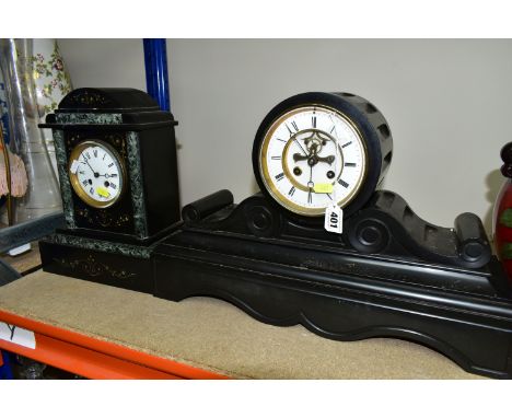 TWO VICTORIAN BLACK SLATE MANTEL CLOCKS, comprising a large black slate mantel clock, eight day, striking bell movement, enam