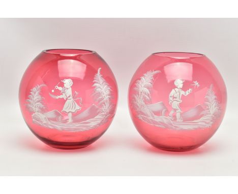 A PAIR OF LATE 20TH CENTURY CRANBERRY GLASS GLOBULAR VASES WITH WHITE ENAMEL DECORATION IN THE MARY GREGORY STYLE, depictiong