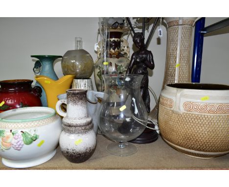 A GROUP OF TABLE LAMPS AND LARGE VASES, comprising a Victorian Bretby Pottery jardiniere and stand, cream glaze, impressed ma