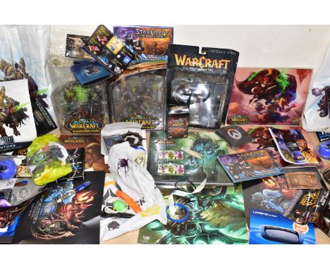 BOX CONTAINING BLIZZARD MERCHANDISE AND MEMROBELLIA, PRIMARILLY OBTAINED FROM BLIZZCON 2008, items include the World of Warcr