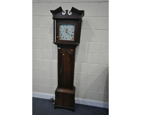 A GEORGIAN OAK 30 HOUR LONGCASE CLOCK, a square glazed door enclosing a painted dial with Roman numerals, bell striking movem