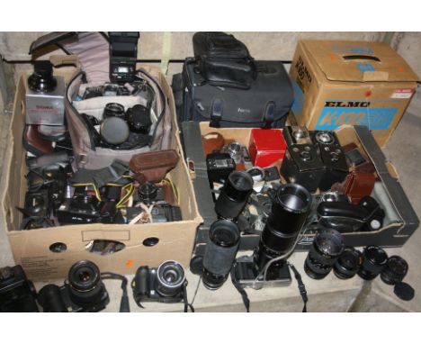 TWO TRAYS OF PHOTOGRAPHIC EQUIPMENT and an Elmo K100SM projector including Olympus OM10, an XA, an XA2 and an XA3, a Fujifilm