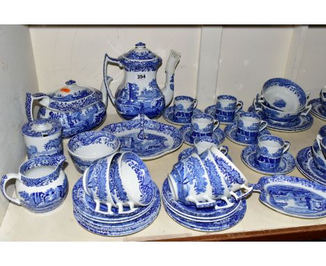 A LARGE QUANTITY OF BLUE AND WHITE SPODE ITALIAN DESIGN DINNERWARES, comprising a coffee pot, six coffee cans, six saucers, t