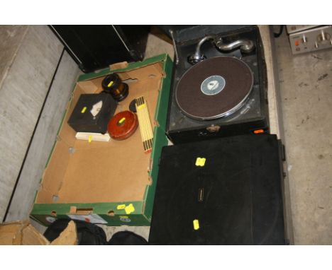 A HMV TABLE TOP GRAMAPHONE with black covering, a Pioneer Turntable, a vintage time recorder, a vintage Aldis brothers 9 1/2i