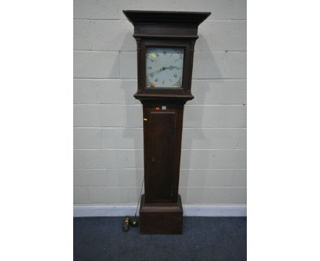 A GEORGIAN OAK 30 HOUR LONGCASE CLOCK, a square glazed door enclosing a painted dial with Roman numerals, bell striking movem