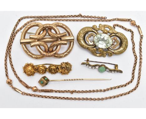 FOUR BROOCHES A STICK PIN AND A CHAIN, to include a large gold plated floral detailed brooch unmarked, fitted with a brooch p