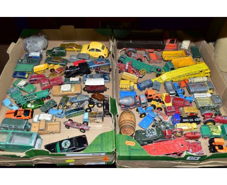 TWO BOXES OF PLAYWORN DIECAST VEHICLES, to include a Corgi Toys 'The Green Hornet's Black Beauty' car, No.268, a Triang plast