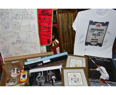 ONE BOX AND LOOSE SIGNED EPHEMERA, ADVERTISING, PICTURES AND SUNDRY ITEMS, comprising a framed ABBA - Name of the Game -  gol