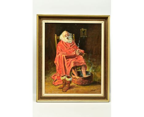 DENIS EDWARD CARROLL (BRITISH 1931) 'CHRISTMAS MORNING', a depiction of Father Christmas soaking his feet in a copper jam pam