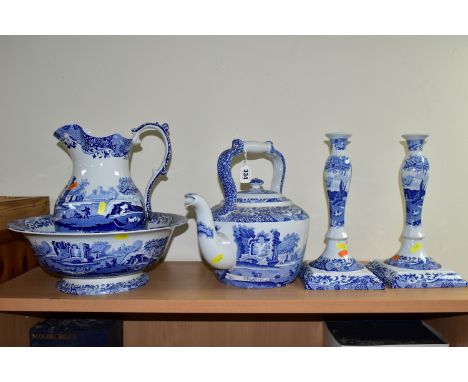 A GROUP OF BLUE AND WHITE SPODE ITALIAN DESIGN CERAMICS, C1816 comprising a large wash bowl and jug, a pair of candle sticks,