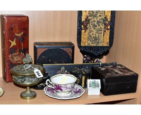 A GROUP OF ORIENTAL LACQUERED BOXES, comprising a wooden decorative panel with a carved blossom flower stand, a set of three 