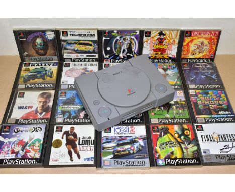 PLAYSTATION AND A QUANTITY OF GAMES, games include Final Fantasy IX, Final Fantasy Origins, Final Fantasy Anthology, Oddworld