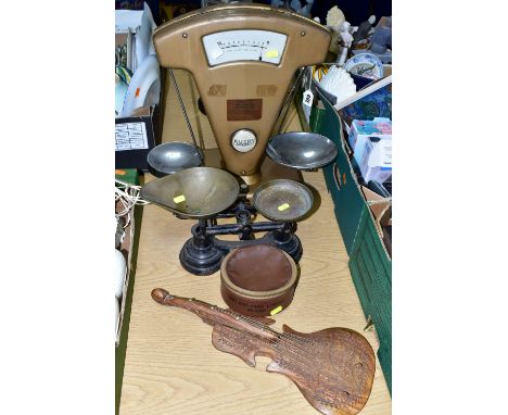 TWO MID 20TH CENTURY BALANCE SCALES, comprising an Avery balance scales with two pans possibly from a Chemist's Shop, a small