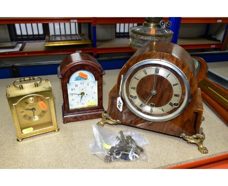 A GROUP OF CLOCKS, A BAROMETER AND AN OIL LAMP, comprising a wooden cased 'The British Anvil Clock', with key and pendulum, h