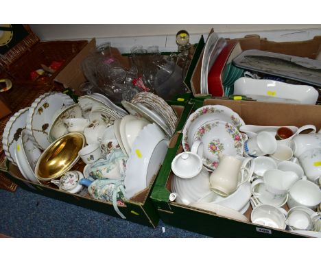 FOUR BOXES OF CERAMICS AND TWO WICKER PICNIC BASKETS, to include a 1950's Sirram picnic set for four people includes cups, sa