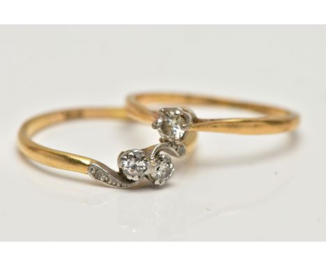 TWO YELLOW METAL DIAMOND SET RINGS, the first a single stone diamond ring, six claw set, round brilliant cut diamond, estimat