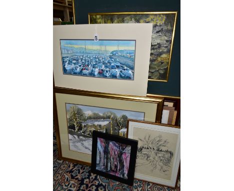 A SMALL QUANTITY OF PAINTINGS AND PRINTS ETC, to include R. Scarff watercolour on paper harbour scene with moored boats, appr