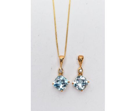TWO 9CT YELLOW GOLD, TOPAZ AND DIAMOND PENDANTS AND A CHAIN, two of the same pendant each set with a faceted square cut blue 