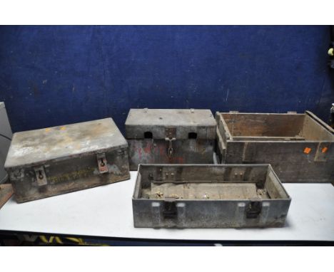 FIVE MILITARY CASES/AMMUNITION BOX to include two metal and three wooden and a galvanised metal container