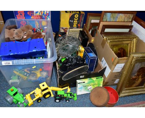 FOUR BOXES AND LOOSE PICTURES, TOYS, GAMES AND SUNDRY ITEMS, to include a boxed as new Daler Rowney 'Georgian' Water Colour B