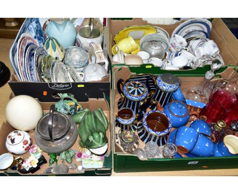 FOUR BOXES OF CERAMICS AND GLASSWARE, to include a five piece terracotta tea set of teapot, stand, hot water jug, milk jug an