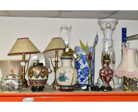A QUANTITY OF TABLE LAMPS AND JARDINIERES,  comprising a Satsuma style pot in the form of a lotus blossom, crackle glaze, two