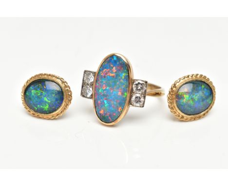 A 9CT GOLD OPAL AND DIAMOND RING, WITH A PAIR OF OPAL EARRINGS, the ring designed with an oval opal doublet, showing flashes 