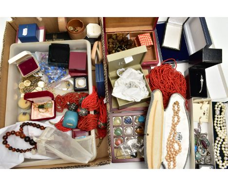 A BOX OF ASSORTED COSTUME JEWELLERY, to include imitation pearl necklaces, a boxed white metal hinged bangle with floral deta