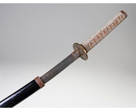 Japanese Katana, with faux shagreen grip with embossed fittings, tsuba above a steel signed blade, black scabbard, 106cm long