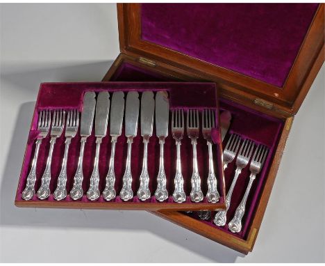 George V set of twelve Victorian Kings pattern silver fish knives and forks, Sheffield 1910, maker William Hutton & Sons Ltd,