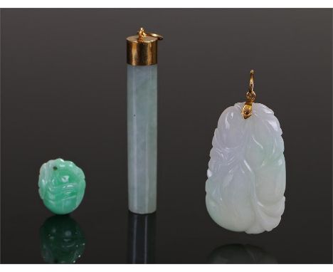 Three pieces of Chinese jade, a tube carved example, a fruit carved example and another (3)