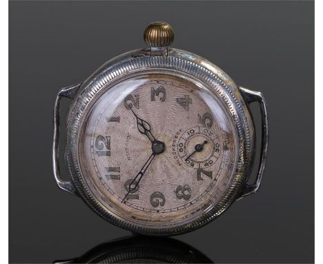 Rotary white metal trench wristwatch, the silvered dial with Arabic hours, subsidiary seconds dial, manual wound, case 35mm d