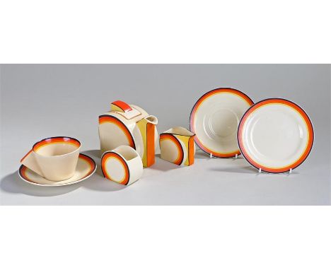 Clarice Cliff Newport Pottery "Liberty Stripe" bizarre pattern tea set. Painted with black, red, orange and yellow bands, con