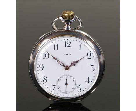 Omega silver openface pocket watch, the signed white enamel dial with Arabic hours and subsidiary seconds dial, crown wound, 