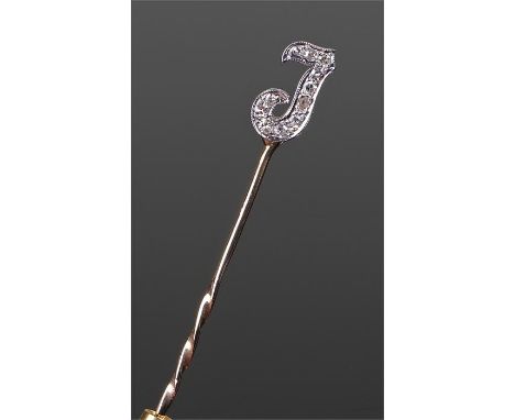 Diamond set stick pin, the yellow and white metal pin with diamonds set to the white metal forming a J, 70mm high