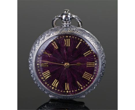 Silver openface pocket watch, the purple enamel dial with gilt Roman hours, foliate engraved case, 37mm diameter